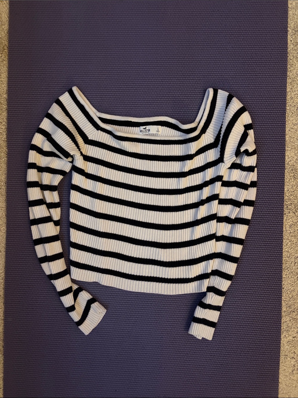 Hollister Large Black & White Striped Ribbed Knit Cropped Off Shoulder Sweater